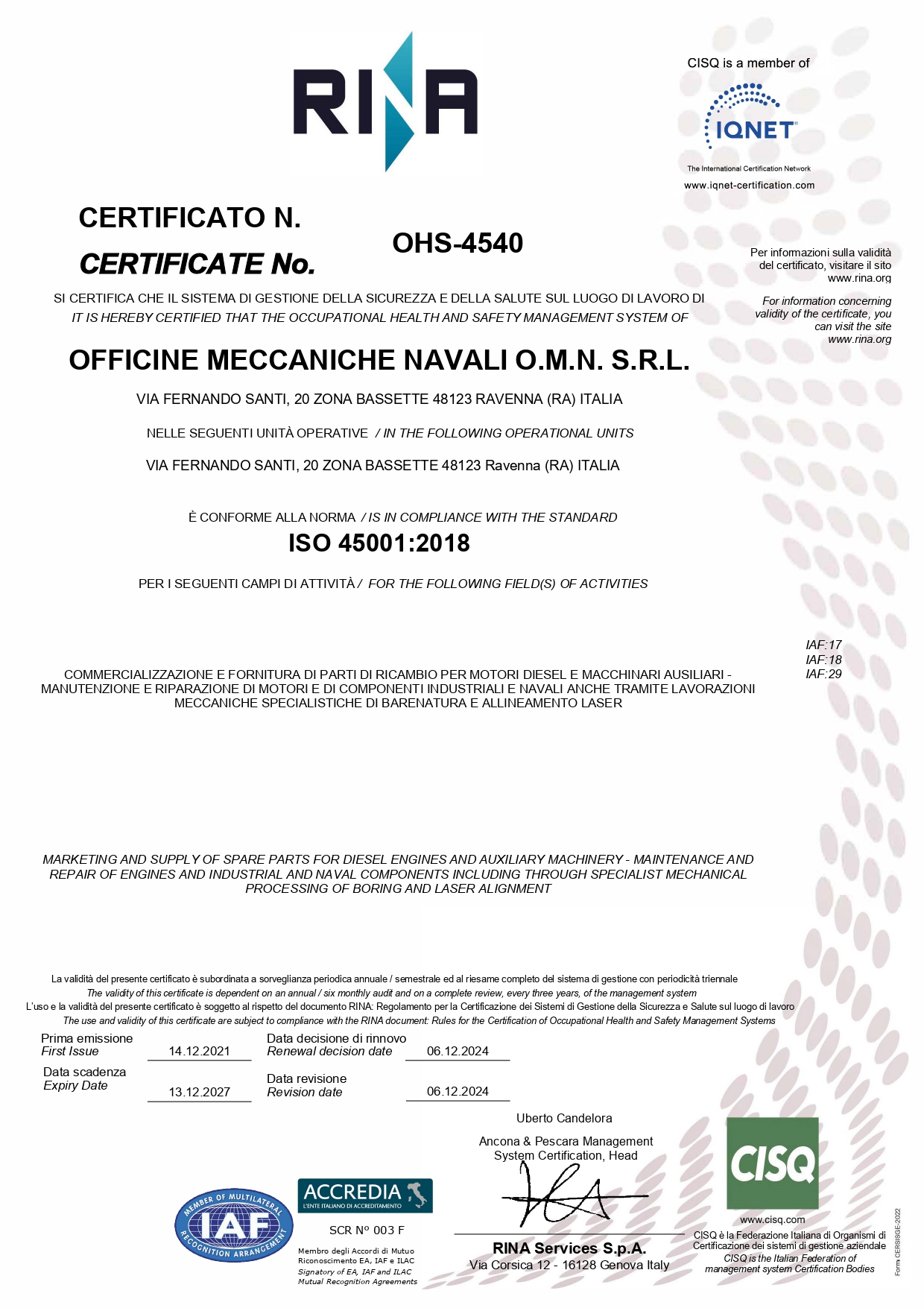 Certificazione ISO 45001:2018 Certificazione ISO 45001:2018