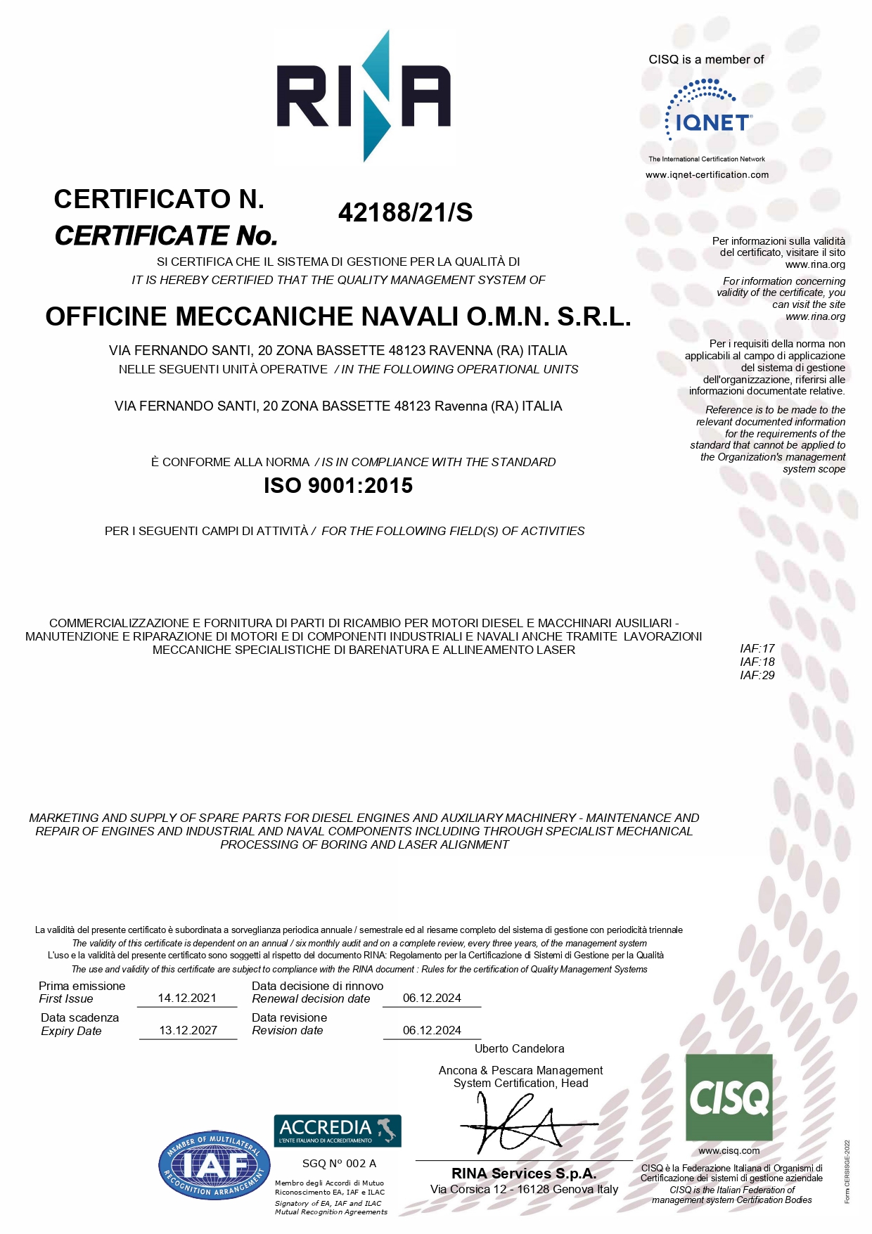 Certificazione ISO 9001:2015 Certificazione ISO 9001:2015